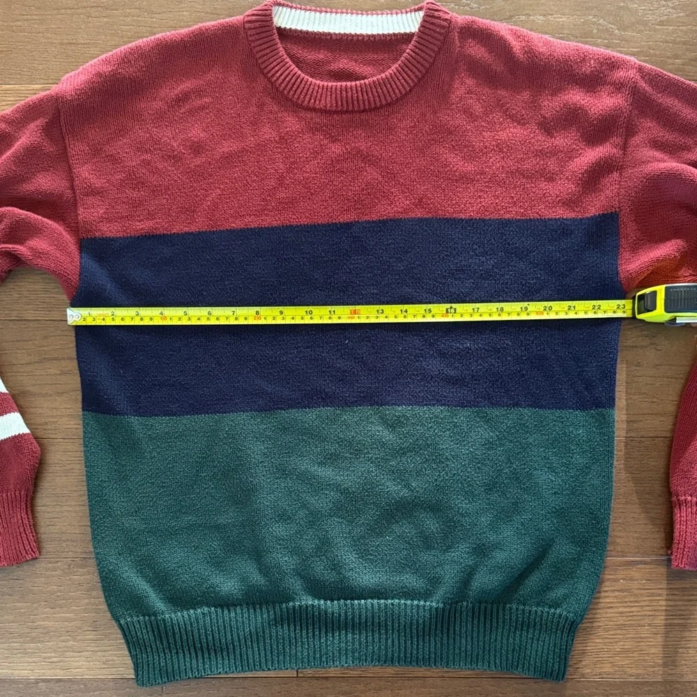 Vintage Men's Colorblock Crewneck Sweater - Red, Navy & Green w/ White Stripes